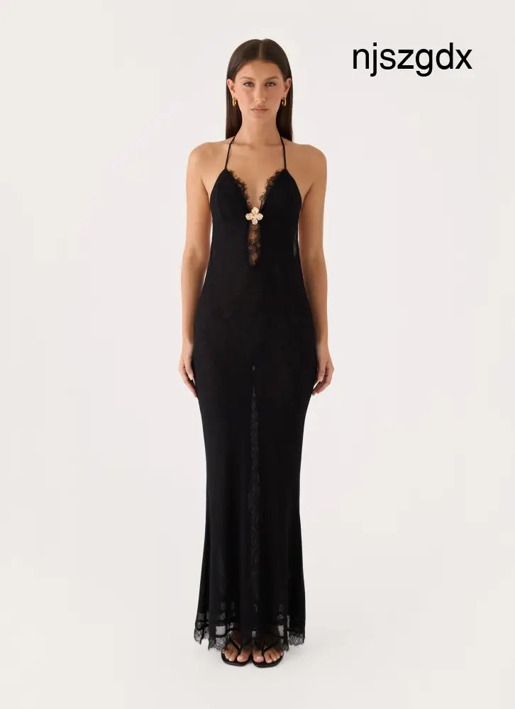 Calyssia Lace Halter Long Maxi Dress - Black - Maxi Dresses