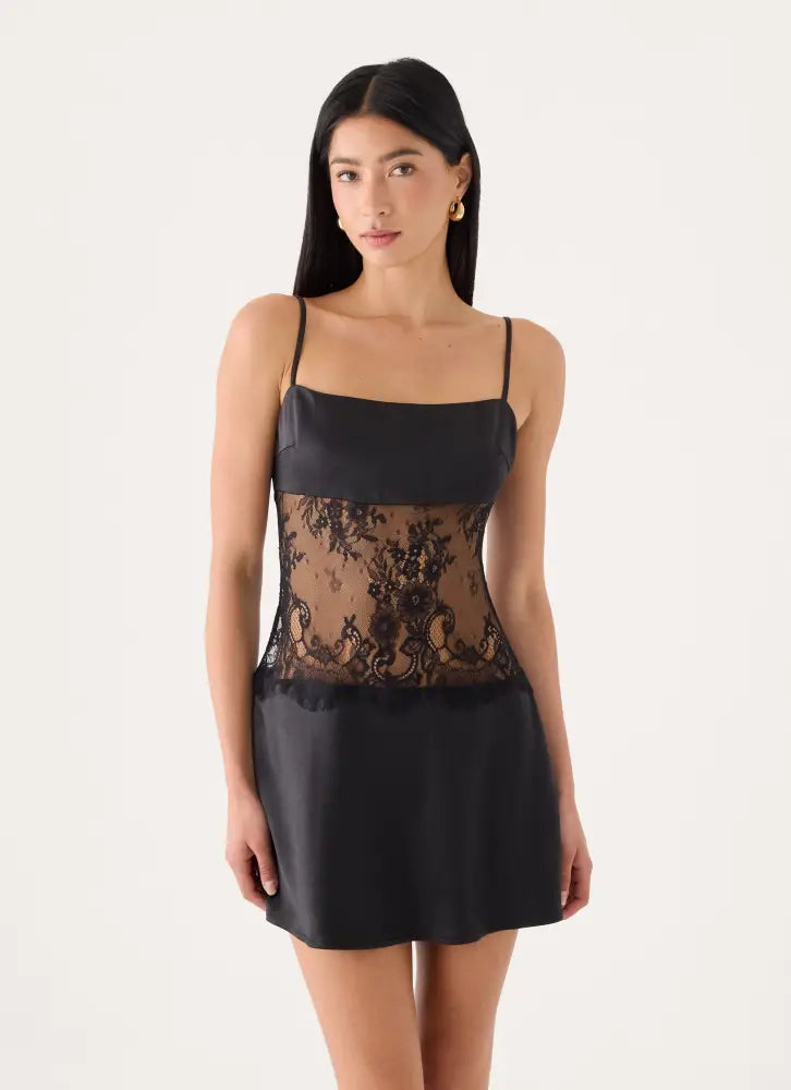 Eunia Lace Spliced Mini Dress - Black - Mini Dresses