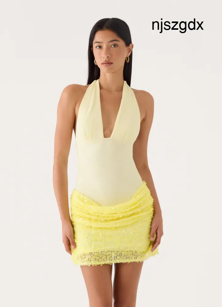 Indira Halter Mini Dress - Yellow - Mini Dresses