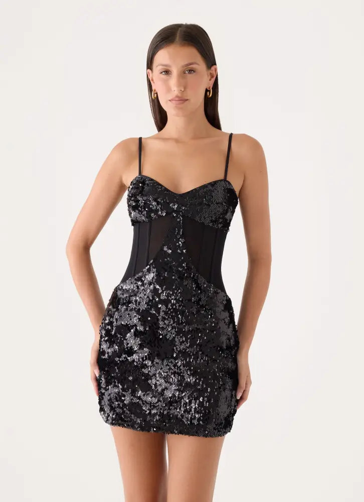 Monnise Sequin Corset Mini Dress - Black - Mini Dresses