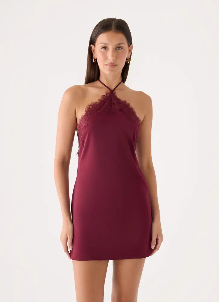 Samaria Halter Mini Dress - Burgundy - Mini Dresses